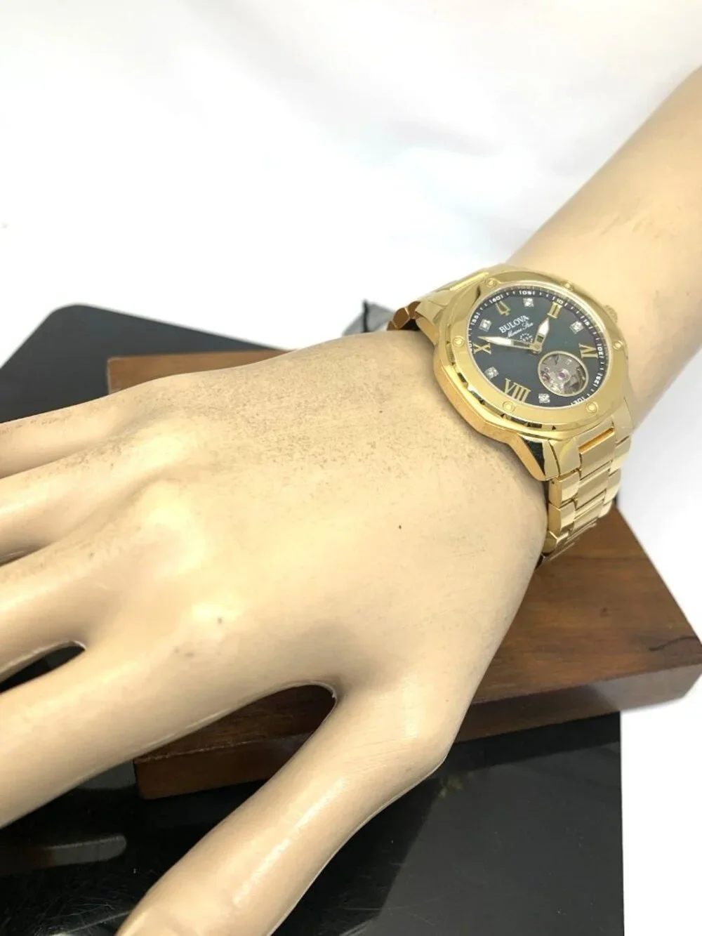Bulova Women's Watch 97P171 Automatic Black Mother of Pearl Dial Gold Steel 35mm